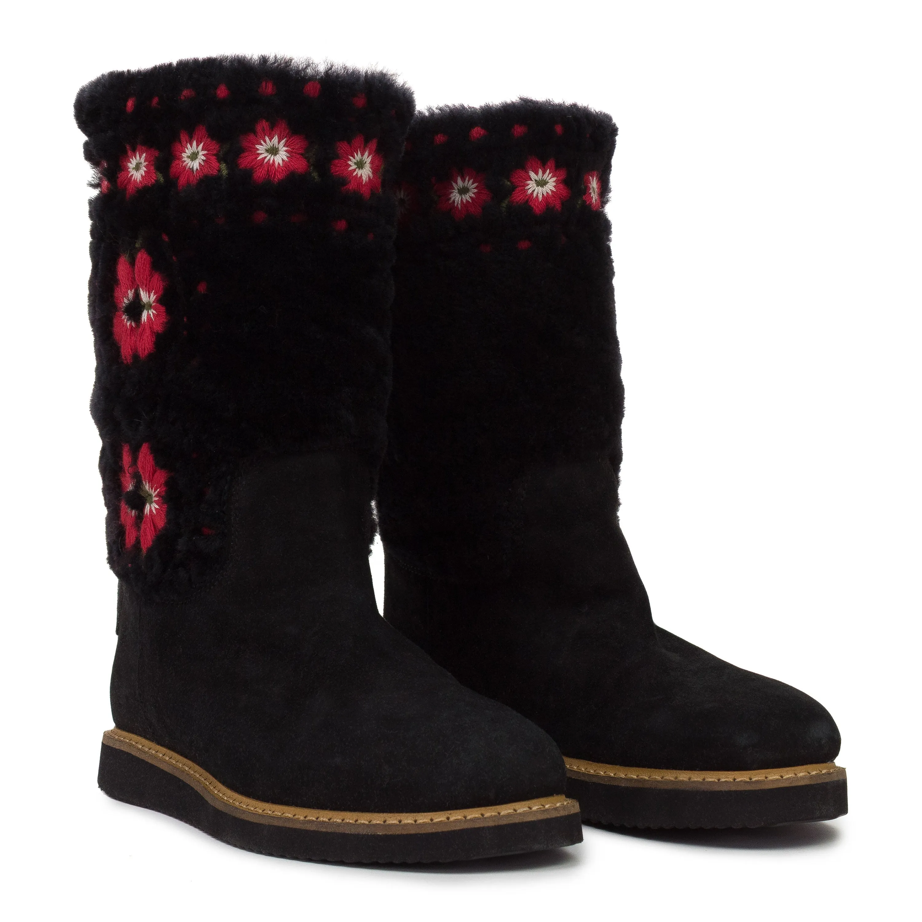 BLACK EMBROIDERED FLOWERS ON FUR BOOTS