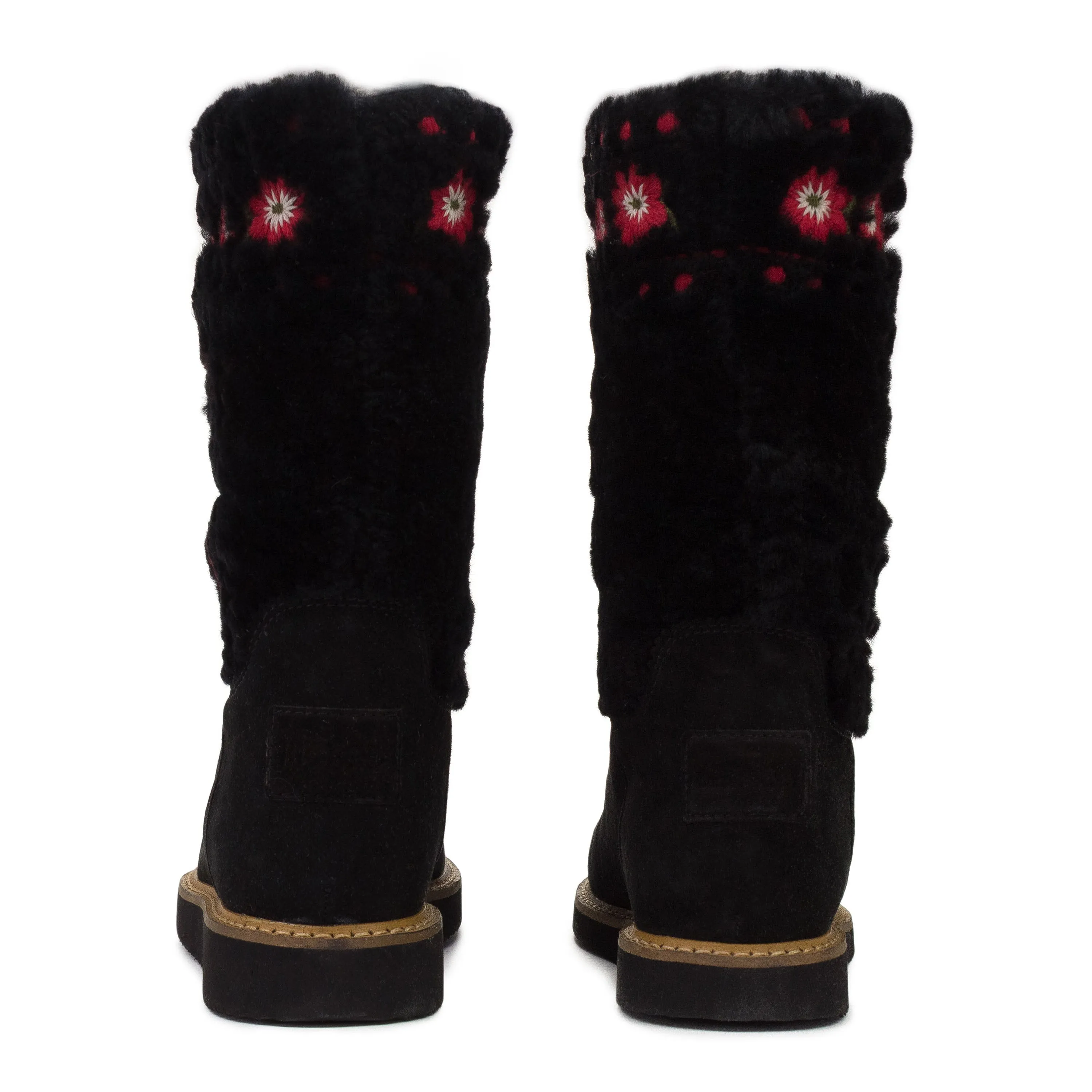 BLACK EMBROIDERED FLOWERS ON FUR BOOTS