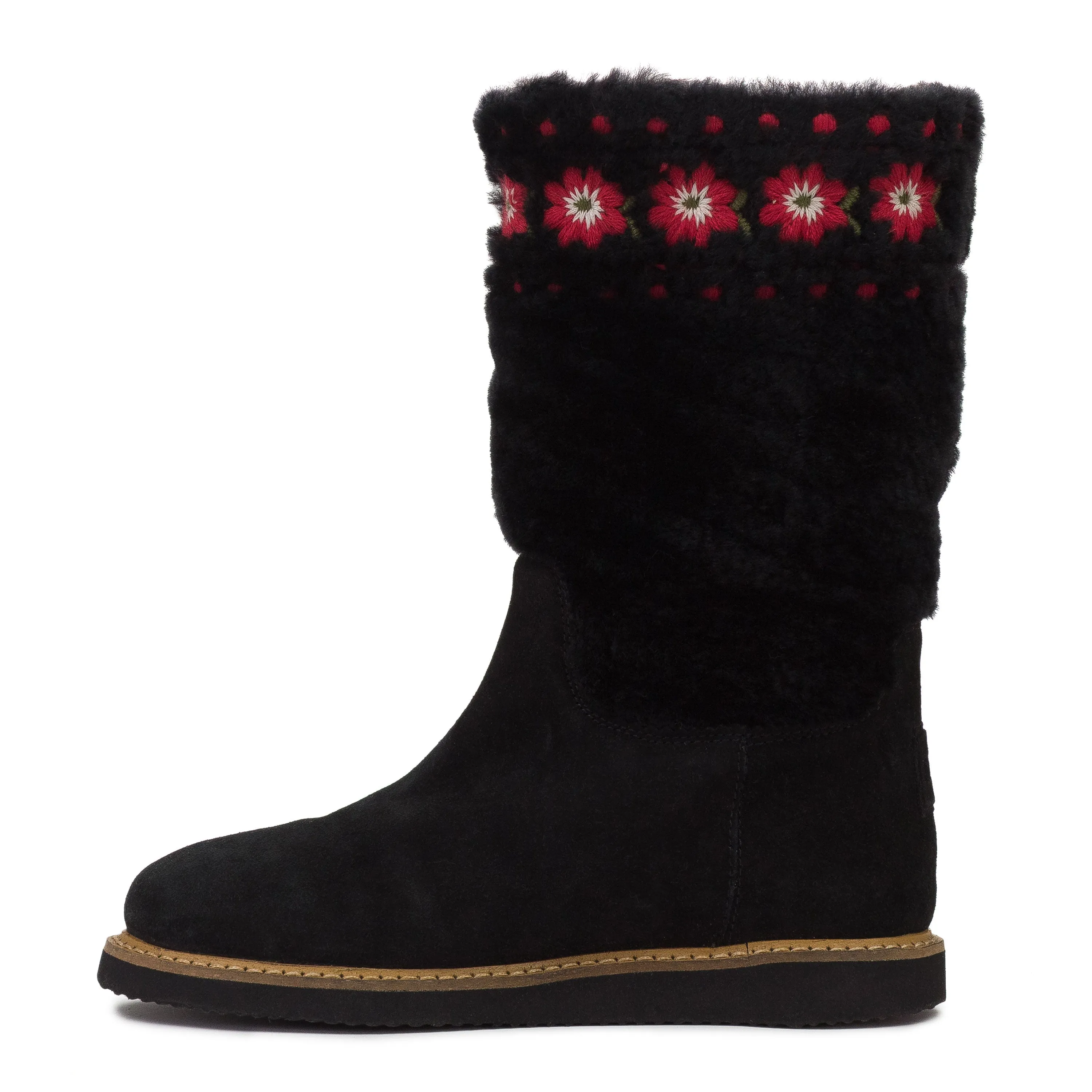 BLACK EMBROIDERED FLOWERS ON FUR BOOTS