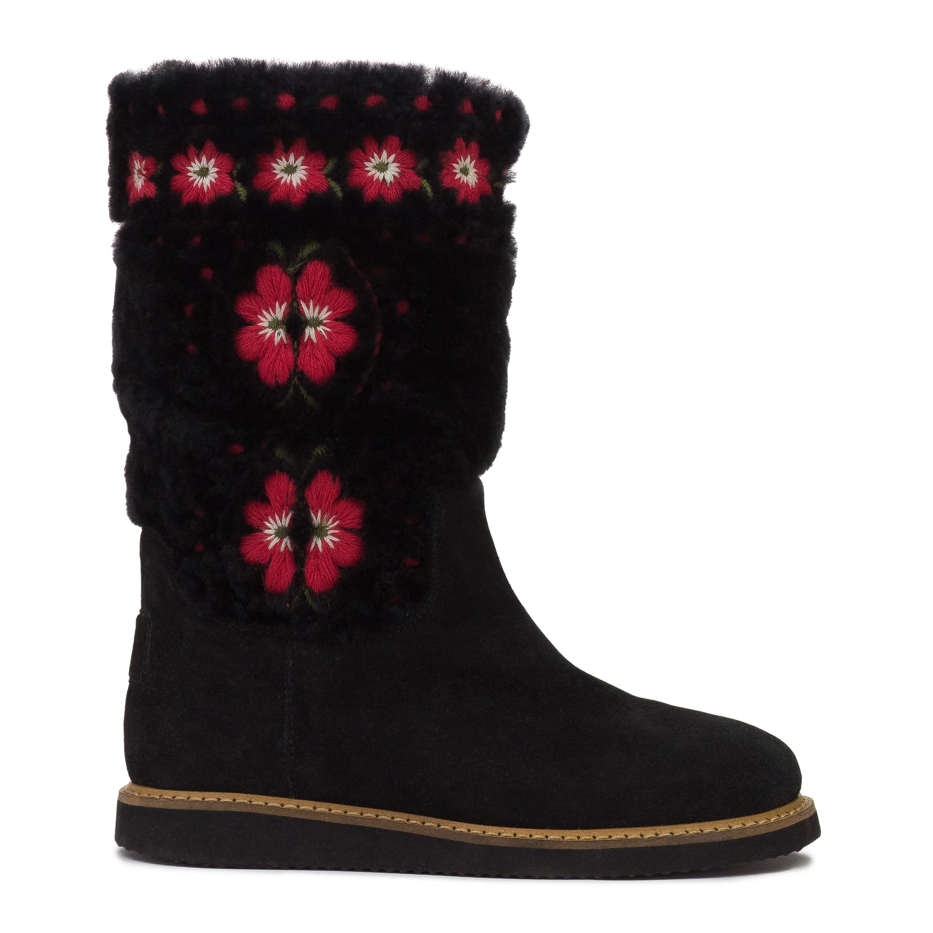 BLACK EMBROIDERED FLOWERS ON FUR BOOTS