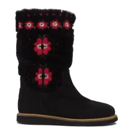 BLACK EMBROIDERED FLOWERS ON FUR BOOTS