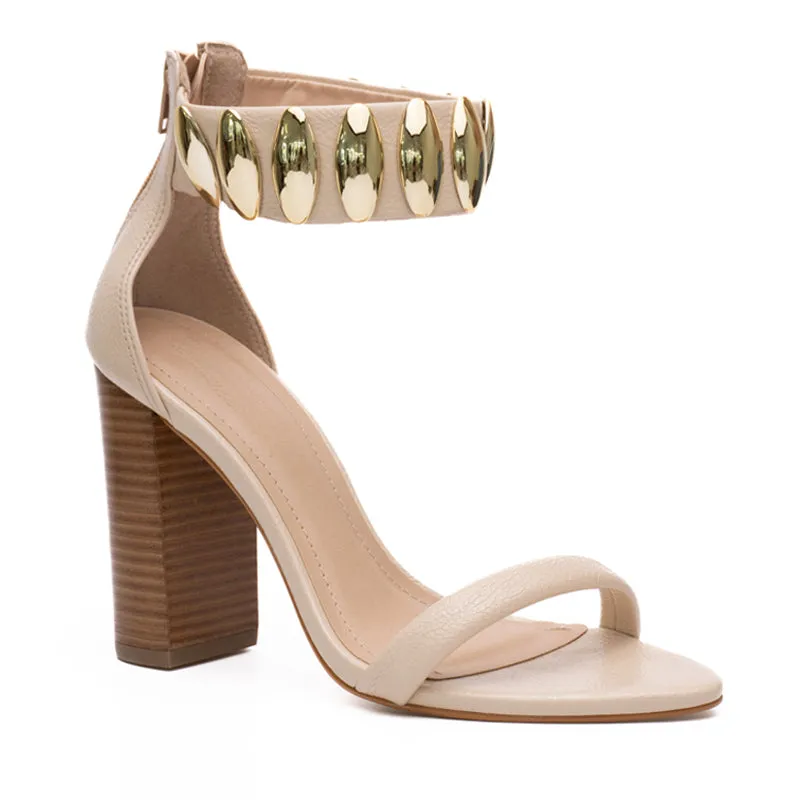 Gold Details Beige Block Heels
