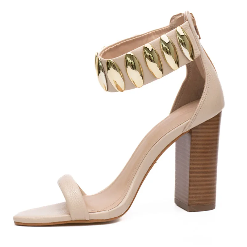 Gold Details Beige Block Heels