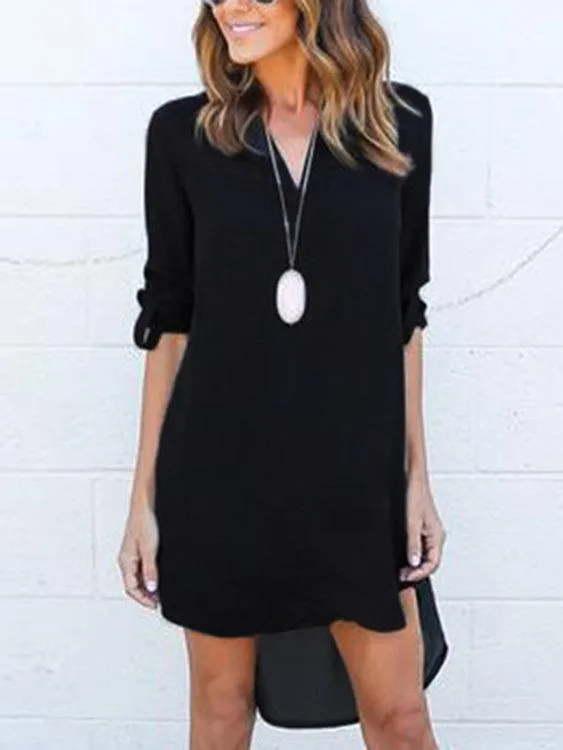 Grey V-neck Long Sleeves Irregular hem Chiffon Dress