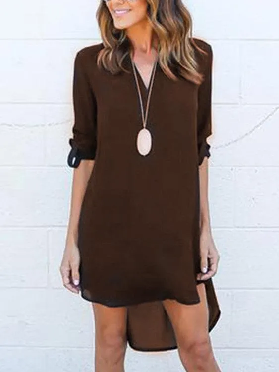 Grey V-neck Long Sleeves Irregular hem Chiffon Dress