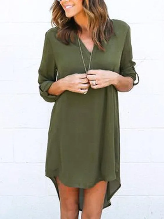 Grey V-neck Long Sleeves Irregular hem Chiffon Dress