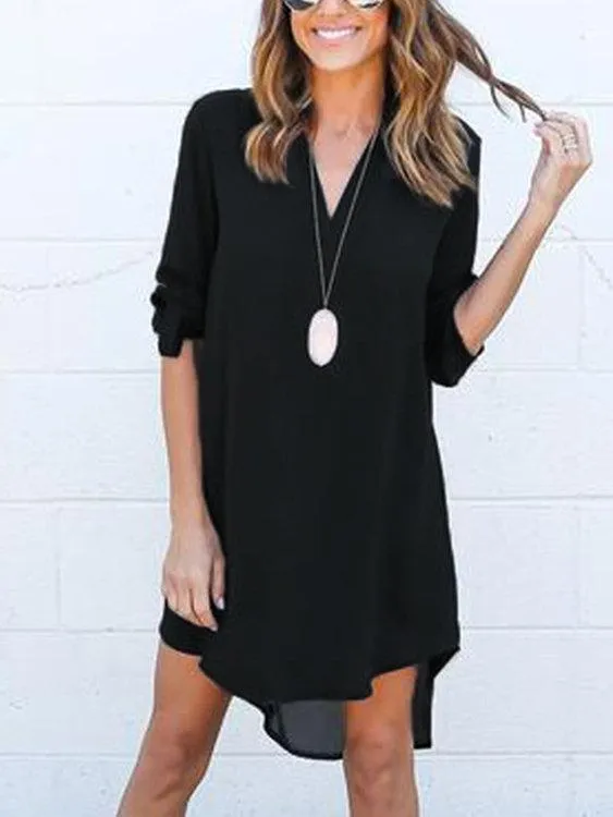Grey V-neck Long Sleeves Irregular hem Chiffon Dress