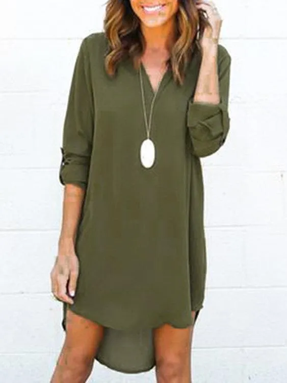 Grey V-neck Long Sleeves Irregular hem Chiffon Dress