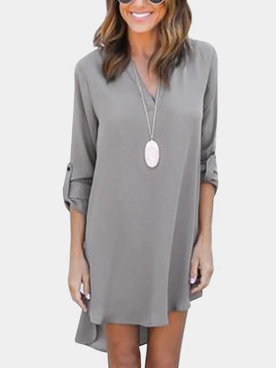 Grey V-neck Long Sleeves Irregular hem Chiffon Dress