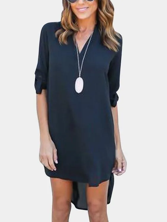 Grey V-neck Long Sleeves Irregular hem Chiffon Dress