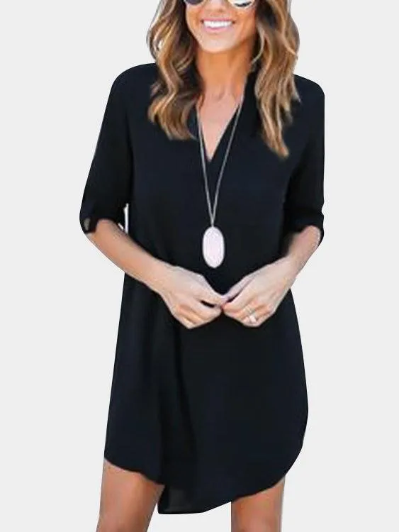 Grey V-neck Long Sleeves Irregular hem Chiffon Dress