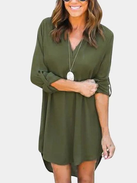 Grey V-neck Long Sleeves Irregular hem Chiffon Dress