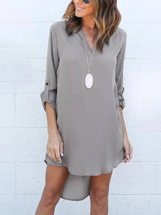 Grey V-neck Long Sleeves Irregular hem Chiffon Dress