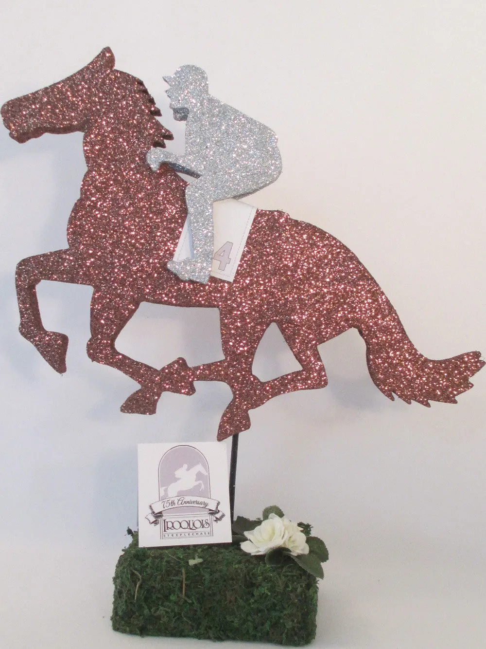 Horse and Jockey on moss or glittered base centerpiece