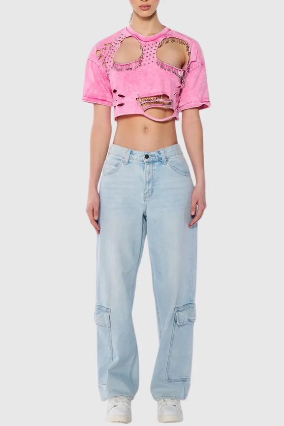 Kira Cutout Paperclip Embellished T-shirt - Pink